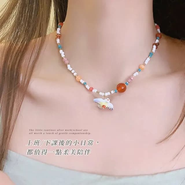 【復古穿搭】天然石糖果小燕子彩珠項鍊(珠珠項鍊 春夏 鎖骨練 多巴胺 穿搭配件)