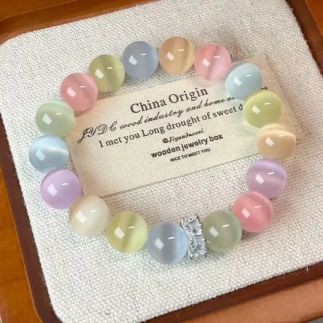 【糖果甜美】七彩貓眼石手鍊10mm(手環 手珠 手串 閨蜜 學生 禮物 對飾)