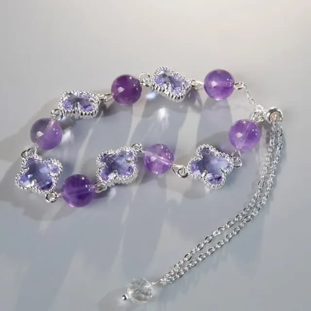 【夢幻飾品】天然紫水晶四葉草手鍊(手飾 手環 手串 花朵 配飾 貴氣 高貴)