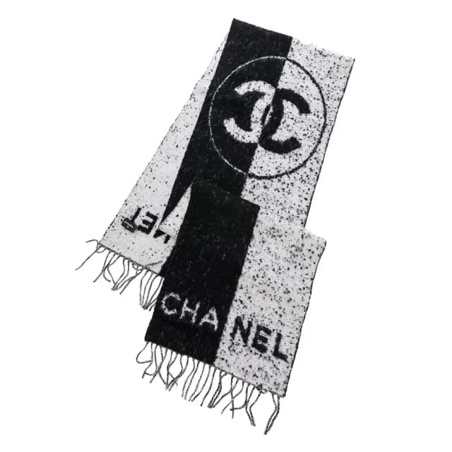 【CHANEL 香奈兒】雙色大CC logo 羊毛 圍巾(黑/白)