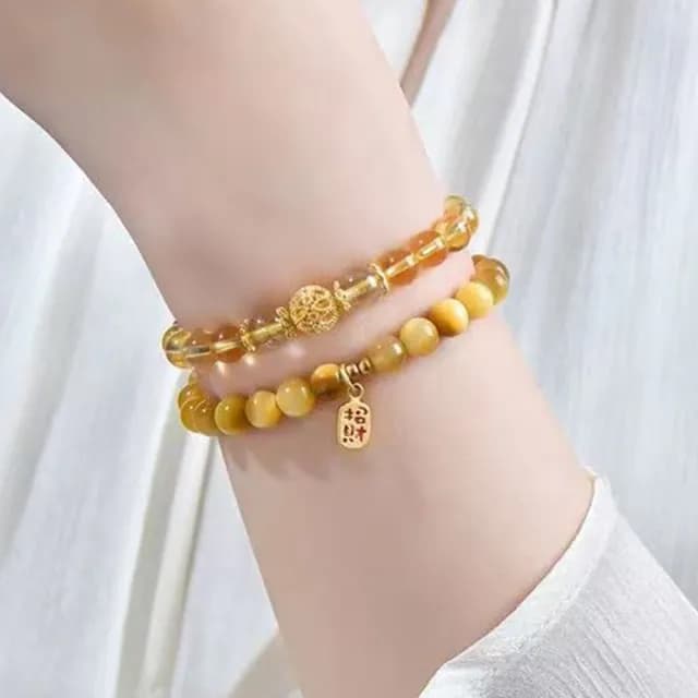 【MoonDy】金虎眼 黃水晶 手鍊女 飾品 圓珠手串 雙圈手鍊 天然水晶