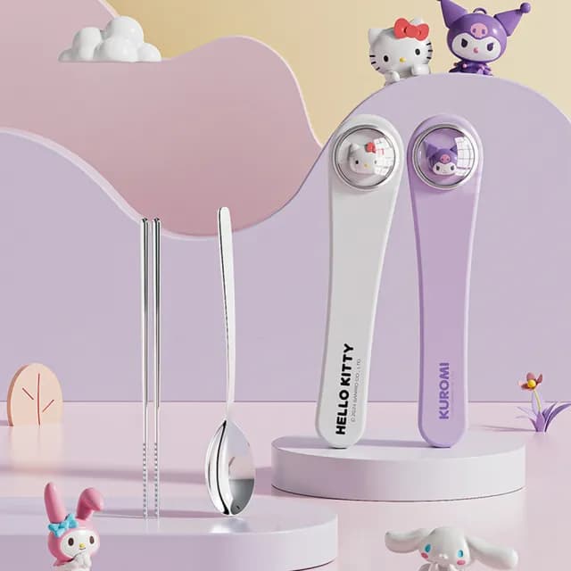 【SANRIO 三麗鷗】萌趣便攜304不鏽鋼筷子湯匙環保餐具組 附收納盒(酷洛米/美樂蒂/凱蒂貓/大耳狗/帕恰狗)