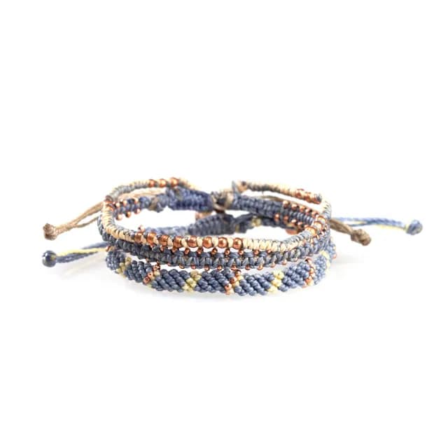 Wakami 星星經典 手鍊三件組 手工編織 咖啡色蠟繩 金銀色串珠手環 WA0540