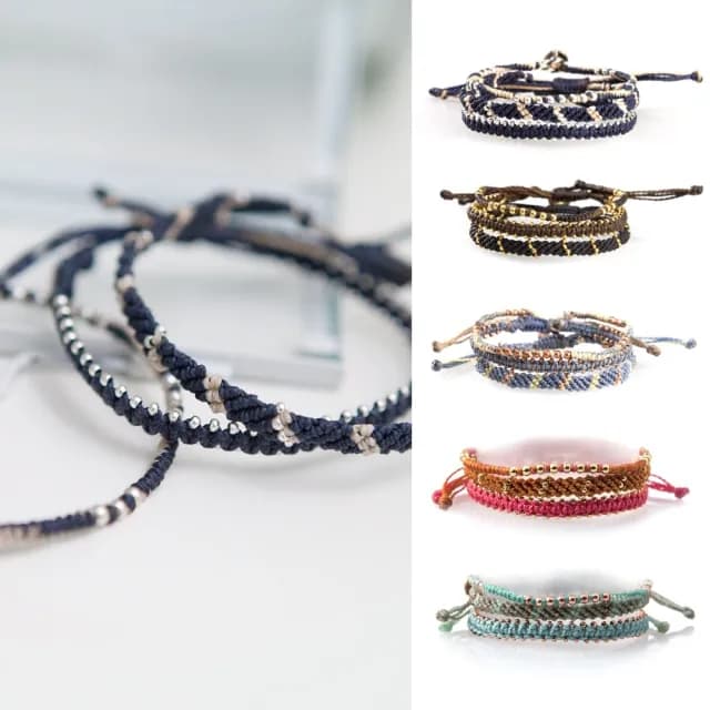 Wakami 星星經典 手鍊三件組 手工編織 咖啡色蠟繩 金銀色串珠手環 WA0540