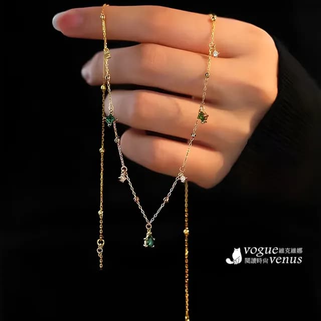 【維克維娜】祖母綠水滴水鑽流蘇925純銀項鍊