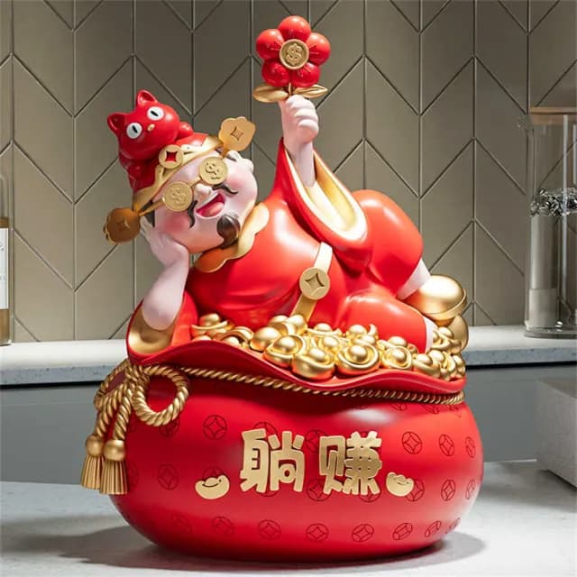 【超微米】躺賺財神爺擺件 店鋪前台桌上擺飾 存錢罐 喬遷開業禮物 招財貓桌面裝飾品(躺賺財神爺擺件)