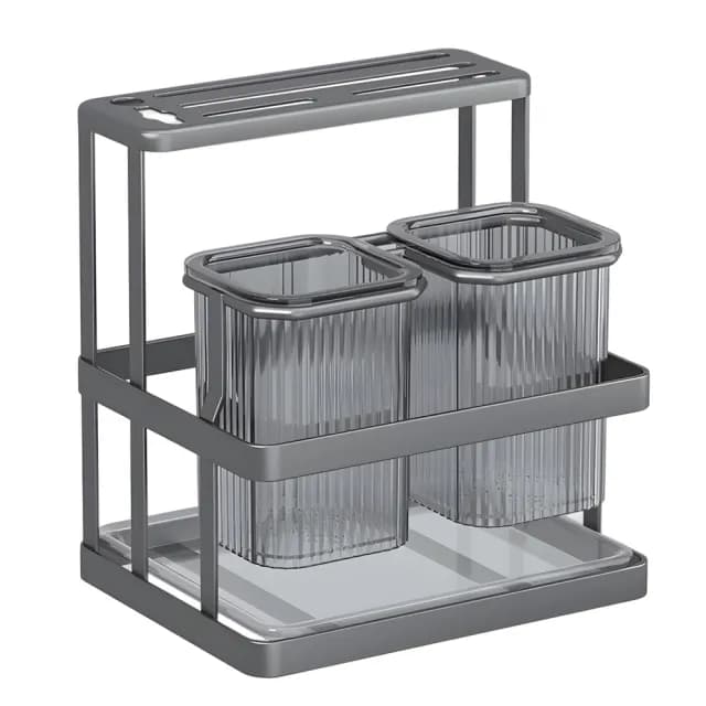 【iSFun】簡約生活 免打孔壁掛廚房餐具收納瀝水架(黑色雙筒+刀架)