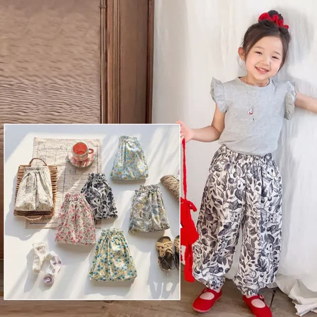 【橘魔法】碎花薄縮口褲(燈籠褲 防蚊 防曬 空調褲 長褲 褲子 大童 女童 兒童 童裝)