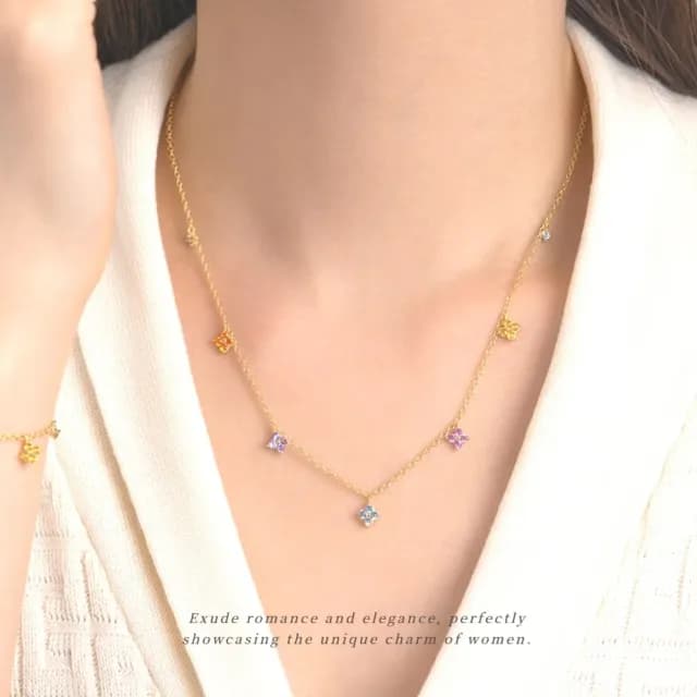 【幸運配飾】法式彩鋯石925純銀項鍊(多巴胺 彩色 彩鑽 四葉草 百搭 鎖骨鍊 飾品)