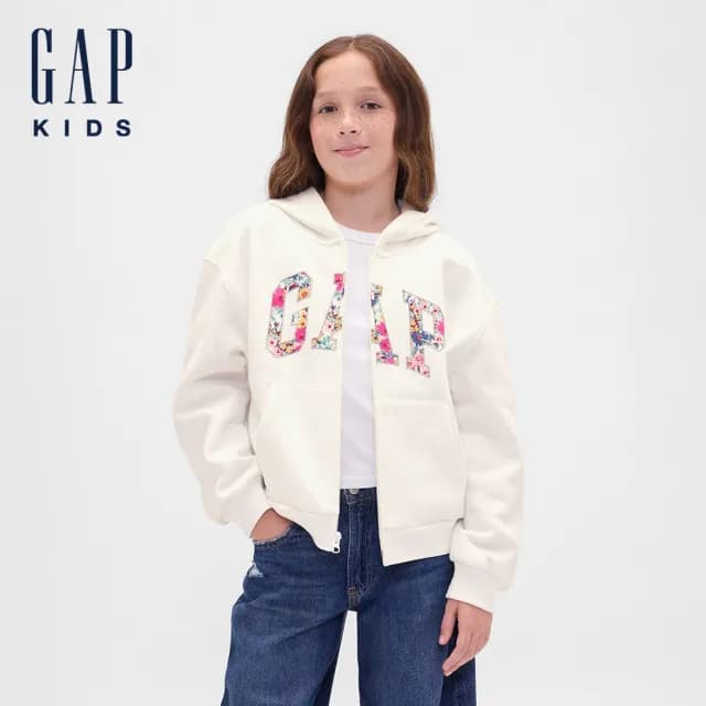 【GAP】女童裝 Logo刺繡連帽外套-白色(824077)