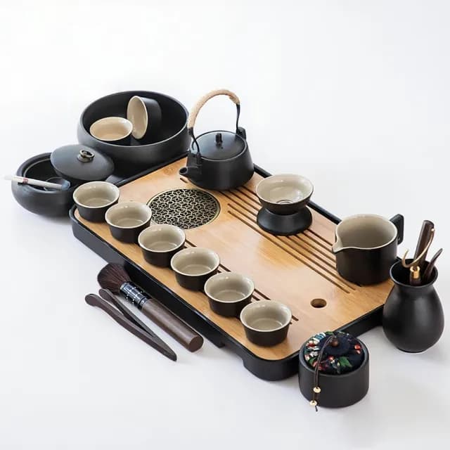 【JU JIA JIA 居家家】黑陶茶具提梁壺15件配望月兩用盤(茶具 排水儲水兩用茶盤茶壺 黑陶茶具)
