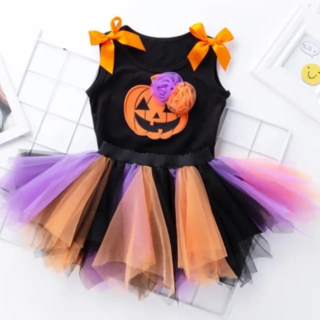 【橘魔法】南瓜 骷顱頭背心+拚色紗裙 套裝(萬聖節服裝 蓬蓬裙 裙子 表演 角色扮演 裝扮 女童 兒童 童裝)