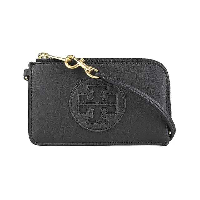 【TORY BURCH】TORY BURCH Ella Bio 皮革T字LOGO霧面牛皮4卡腕帶式拉鍊卡片零錢包(黑)