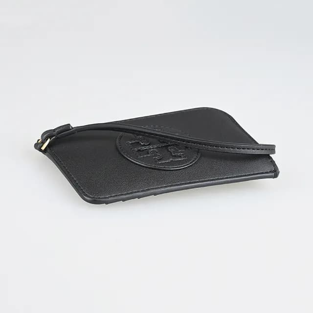 【TORY BURCH】TORY BURCH Ella Bio 皮革T字LOGO霧面牛皮4卡腕帶式拉鍊卡片零錢包(黑)
