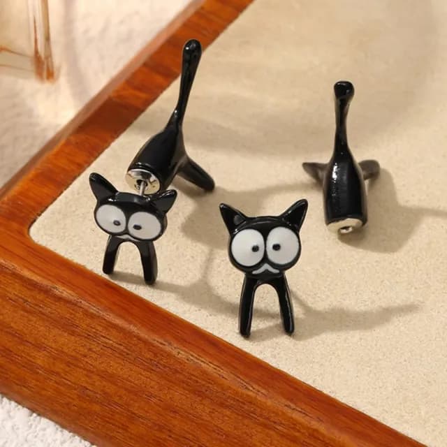 【立體耳飾】可愛黑貓耳環2套組(可拆式 兒童 卡通 耳墜 飾品 耳針 耳釘 首飾 耳環 配件 禮物)
