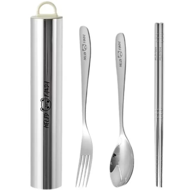 【hello小熊】不鏽鋼餐具3件套-附收納桶(叉 勺 筷 湯匙 環保餐具 學生)