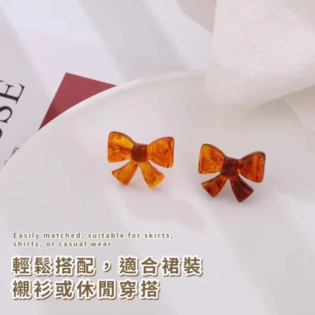 【創意單品】S925銀針法式琥珀色微透蝴蝶結耳環(耳針 耳釘 耳飾 穿搭配件 飾品 復古 洋裝)