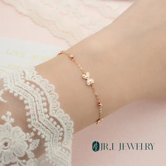 【JR.L金瑞利珠寶】雙11 18K玫瑰金 雙心蝴蝶結K金手鍊(18K玫瑰金手鍊)