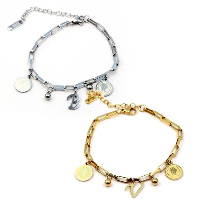 【ANGEL】音符律動嘻哈英文字母圓牌個性可調手鍊(2色26個字母可選)