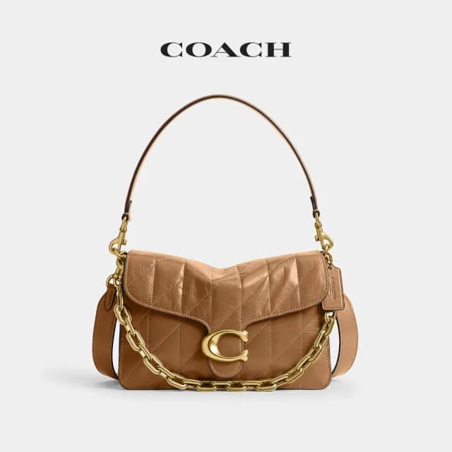 【COACH】蔻馳官方直營 CHAIN TABBY 絎縫裝飾鏈條單肩手袋 單肩包 肩背包-B4/蜂蜜棕色(CAF55)