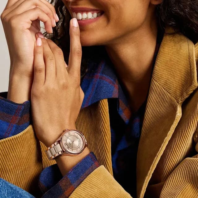 【FOSSIL】Gilmore 大三針日期陶瓷女錶 手錶-奶茶色x玫瑰金/38mm 禮物 送禮 推薦(CE1133)