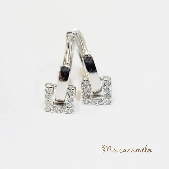 【Ms caramelo 焦糖小姐】925純銀鍍K白 正方形耳環(鋯石耳環)