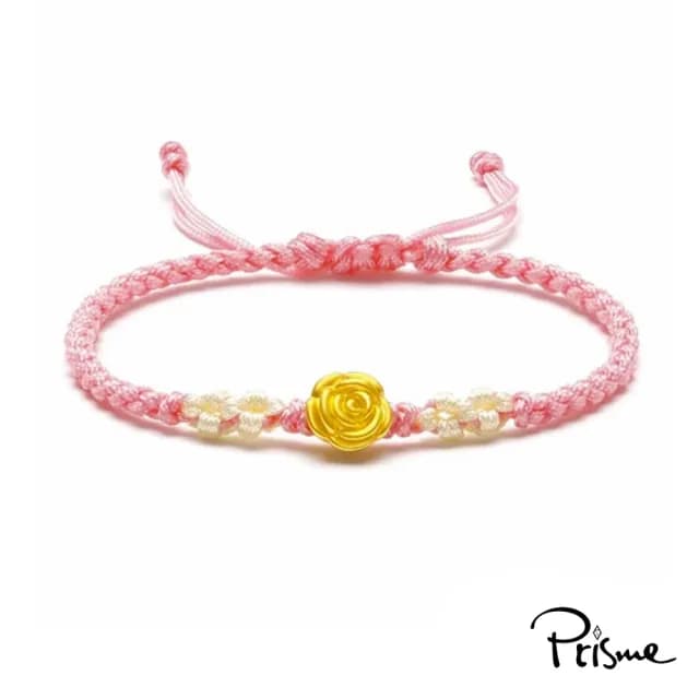 【Prisme】黃金手鍊 玫瑰花 粉色編織手鍊(金重：約0.03錢±0.01)