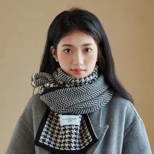 【NDM 南大門】百搭情侶款 針織保暖加厚千鳥格雙面設計 防風男女圍巾圍脖披肩(優雅黑)