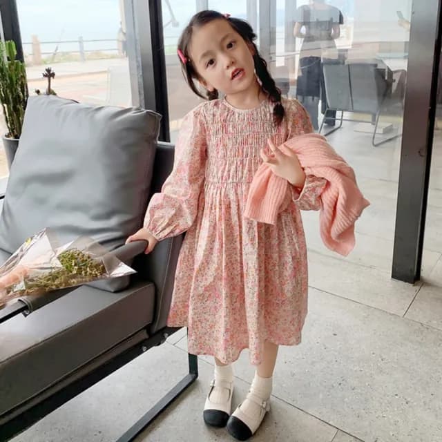 【橘魔法】粉嫩碎花抓皺長袖洋裝(連身裙 連衣裙 女童 童裝 兒童)