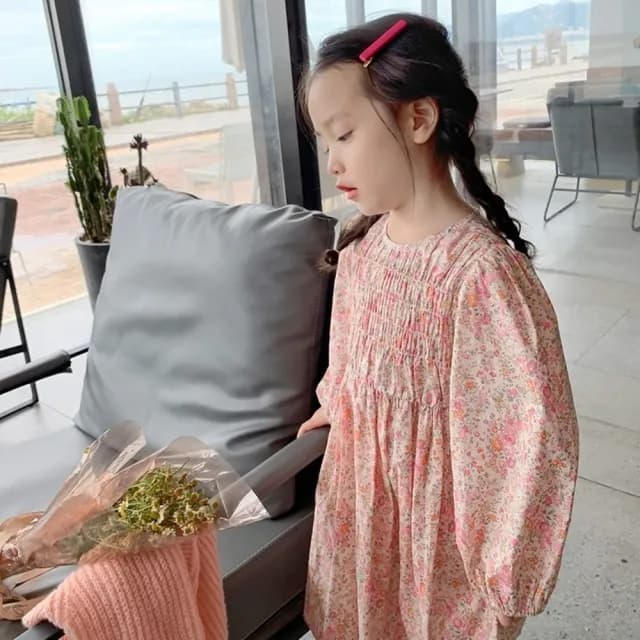 【橘魔法】粉嫩碎花抓皺長袖洋裝(連身裙 連衣裙 女童 童裝 兒童)