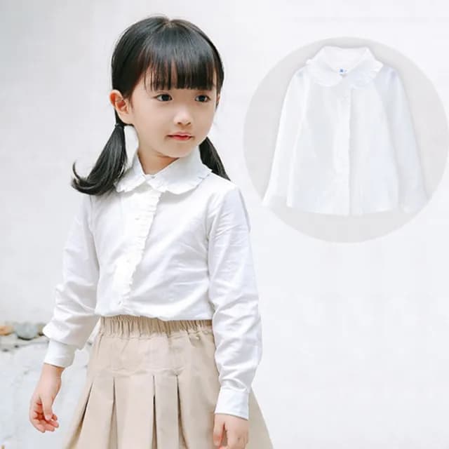 【橘魔法】花邊翻領純白薄長袖襯衫(女童 大童 花童 畢業典禮 制服 白襯衫 表演服裝 長袖上衣 童裝 兒童)