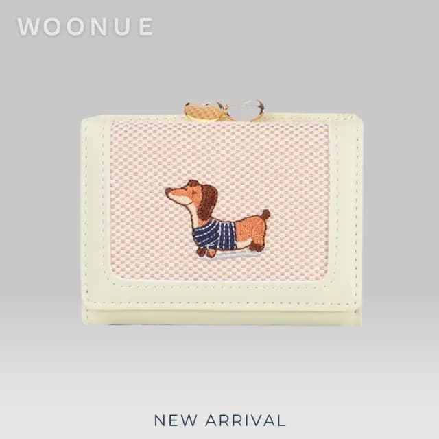 【WOONUE】氣質款臘腸狗折疊短皮夾多功能名片卡夾口金零錢包(情人老婆聖誕女兒母親生日節禮物)
