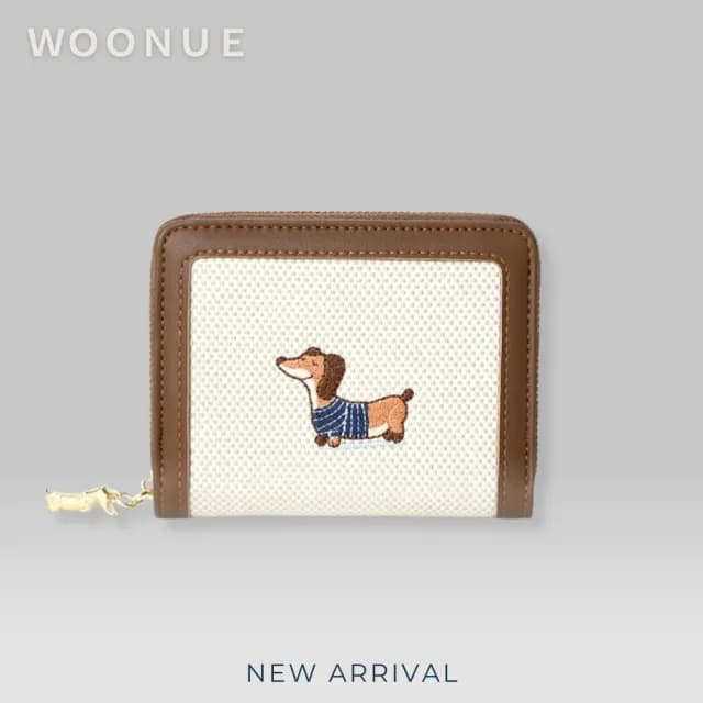 【WOONUE】氣質款臘腸狗布繡折疊短皮夾多功能名片卡夾零錢包(情人老婆聖誕女兒母親生日節禮物)