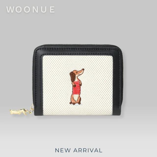 【WOONUE】氣質款臘腸狗布繡折疊短皮夾多功能名片卡夾零錢包(情人老婆聖誕女兒母親生日節禮物)
