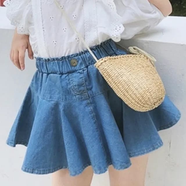 【橘魔法】清新蕾絲荷葉袖飄逸牛仔裙套裝(裙子 牛仔裙 裙子 女童 兒童 中童 童裝)