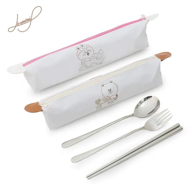 【Hiromimi】LINE FRIENDS 宅家餐具四件組(收納包+湯匙+筷子+叉子)