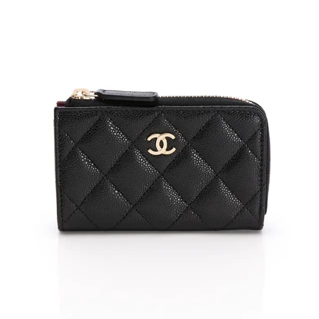 【CHANEL 香奈兒】25B 經典 拉鍊 鑰匙 零錢包(黑/金-L字拉鍊)