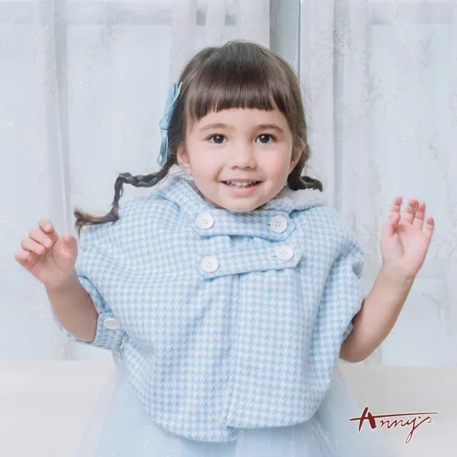 【ANNY’S 安妮公主】童裝   保暖千鳥格紋秋冬款毛毛披肩(3650水藍)