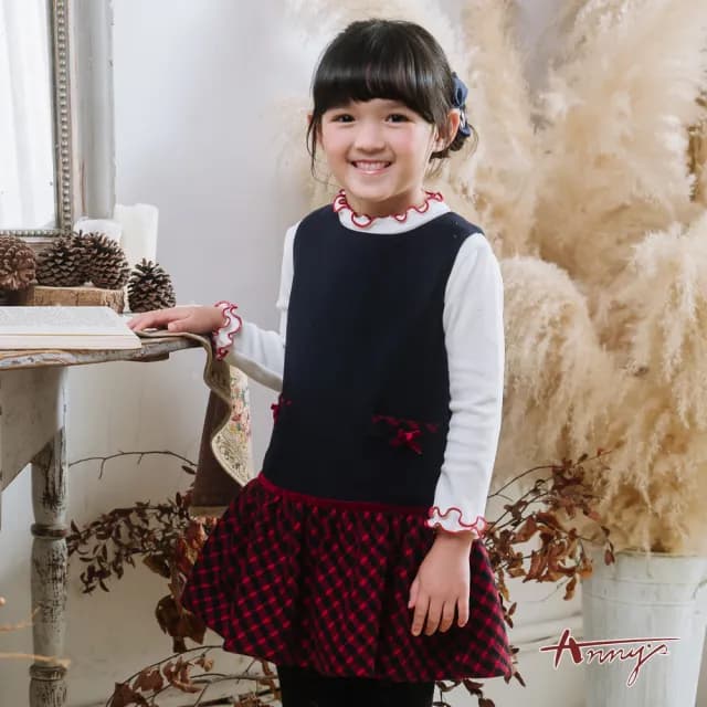 【ANNY’S 安妮公主】童裝  氣質格紋拼接雙口袋秋冬款混羊毛背心裙(3620藍色)