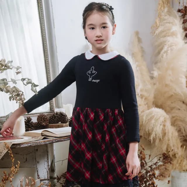 【ANNY’S 安妮公主】童裝 燙鑽芭蕾女孩拼接格紋裙秋冬款洋裝(3629藍色)