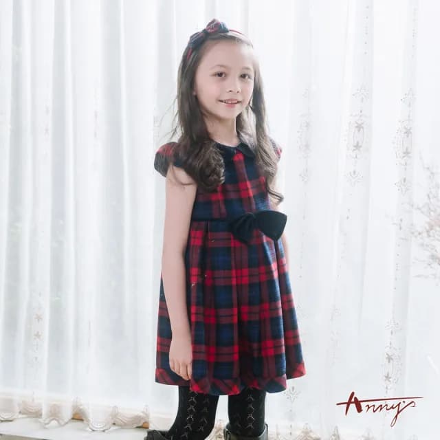 【ANNY’S 安妮公主】童裝  氣質歐式格紋小圓領蝴蝶結秋冬款公主袖洋裝(3258藍色)
