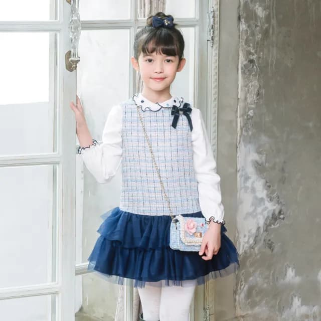 【ANNY’S 安妮公主】童裝  氣質格紋小香風網紗拼接蝴蝶結秋冬款無袖洋裝(3219水藍)