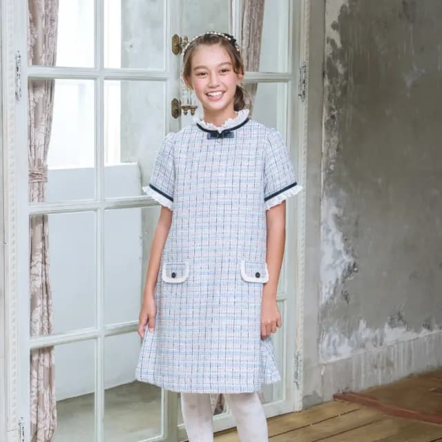 【ANNY’S 安妮公主】童裝  格紋小香風百褶造型拼接秋冬款假口袋短袖洋裝(3220水藍)