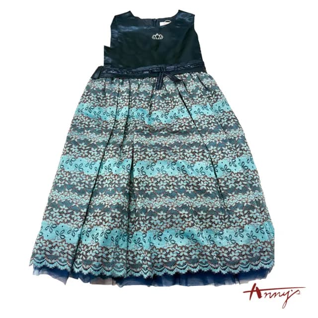 【ANNY’S 安妮公主】童裝 氣質碎花蕾絲裙腰帶蝴蝶結綁帶秋冬款無袖禮服(3208藍)
