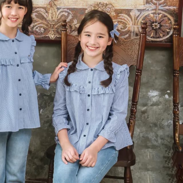【ANNY’S 安妮公主】童裝  藍白條紋立體荷葉邊秋冬款純棉長袖襯衫(3279藍色)