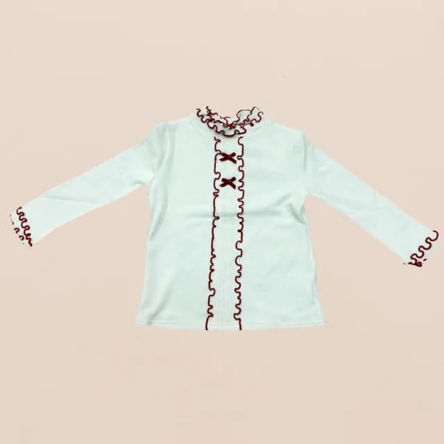 【ANNY’S 安妮公主】童裝  ANNY’S 安妮公主 蝴蝶結蕾絲荷葉邊造型秋冬款花瓣邊長袖上衣(3431白色)