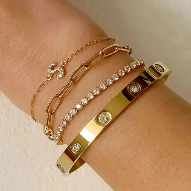 【CReAM】LOVE 摯愛耀眼鑲崁美鑽鋯不鏽鋼鍍14K金色手環(生日 禮物 送禮 禮盒)