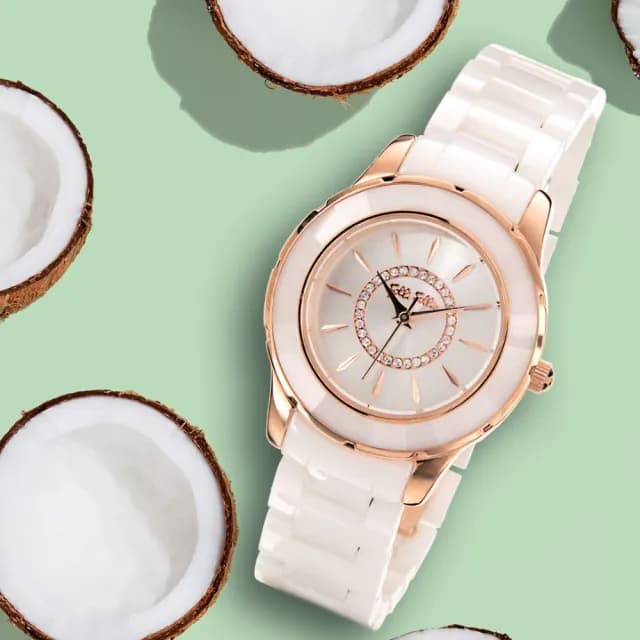 【Folli Follie】32毫米 清新質感 精鑲水晶珠光錶面 陶瓷錶帶腕錶 玫瑰金X白 FF694109