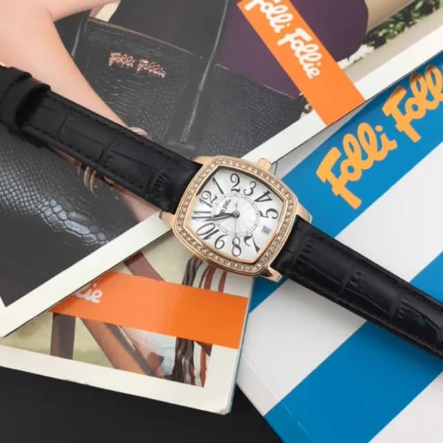 【Folli Follie】29毫米 經典方形 歐美輕奢 鱷魚壓紋真皮腕錶 玫瑰金X黑 FF505276