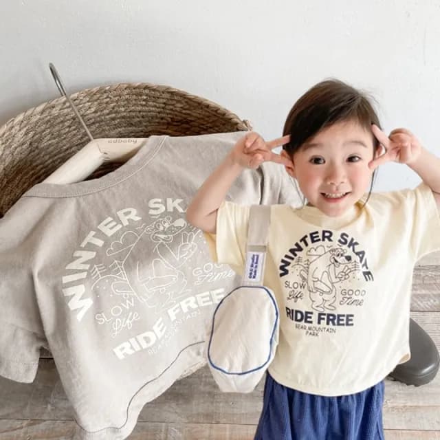 【橘魔法】字母滑板熊短版上衣(短袖上衣 T恤 棉T 中性款 男童 女童 兒童 童裝)